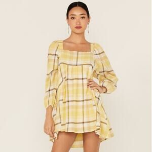 Miss Me Yellow Plaid Babydoll Mini Dress Sz S 100% Cotton